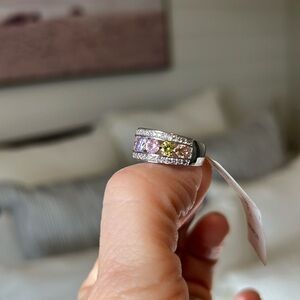 Colorful Sparkling Mothers Ring Silver Pink Purple Green Stones Size 6